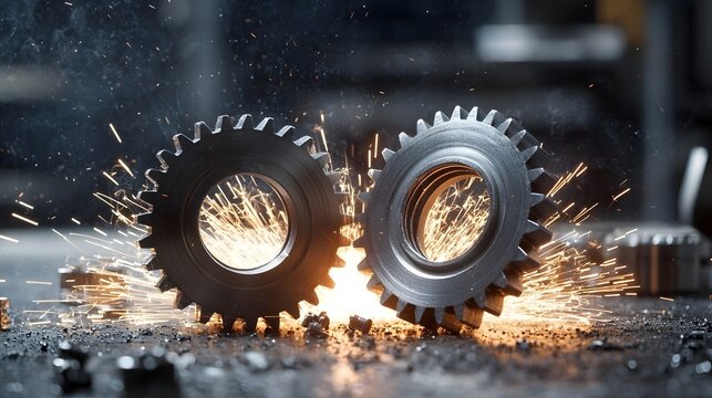 Two metallic gears grinding together with immense pressure causing intense friction sparks in a powerful industrial mechanical system  The gears are part of a larger machinery or engine - Powered by Adobe
