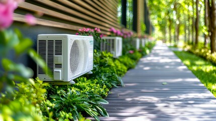 Modern building exterior with outdoor air conditioners and landscaping