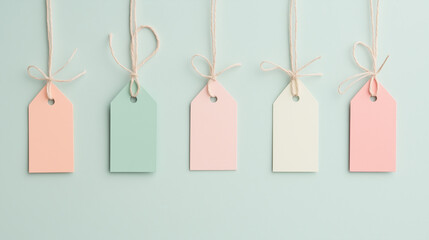 Colorful blank gift tags hanging on a pastel background