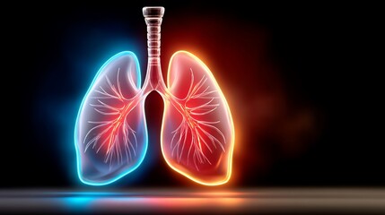 Neon colored, translucent lungs illustration with detailed veins against dark backdrop
