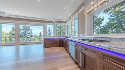 A modern kitchen with expansive windows showcasing a scenic view.