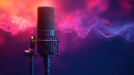 Microphone in vibrant lighting, with smoke