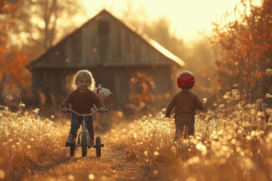 Children Playing with Rocket Tricycle and Roller Skates in Vintage Outdoor Setting