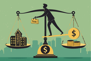 A person skillfully balances icons representing tax burdens and spending on an old-fashioned scale, illustrating financial equilibrium.