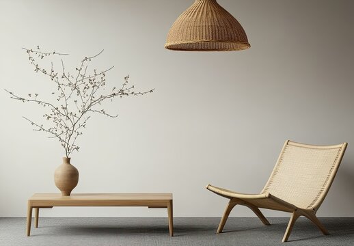 Minimalist living room with a wicker chair, a wooden coffee table, and a vase with branches
