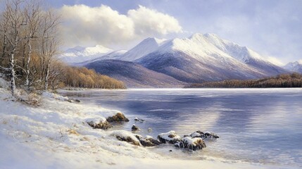 Snowy lake, mountain view, winter sunrise, calm, nature print