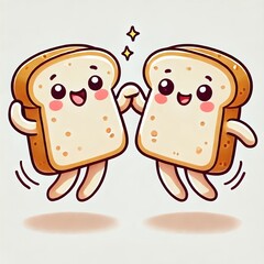 Happy cartoon bread characters dancing together.