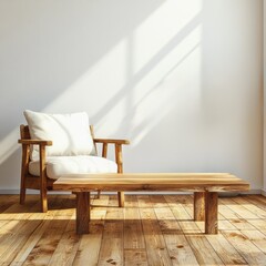 Wooden chair and table arrangement bathed in sunlight create a serene scene