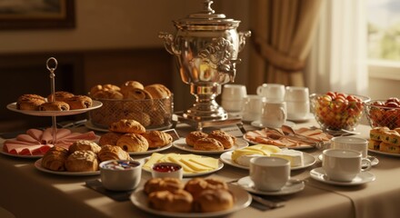 Fototapeta premium Elegant Breakfast Buffet with Pastries and Samovar