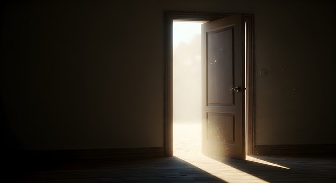 Open doorway casting brilliant sunlight into a dimly lit interior space