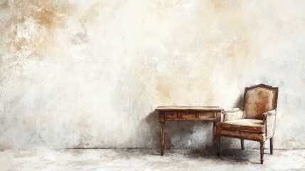 Painted image shows a vintage desk beside an armchair