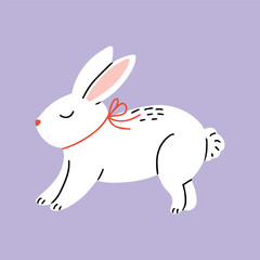 Charming illustration of a cute little white bunny adorned with a red bow running on a soft purple background