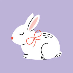Cute sleeping white baby rabbit. Funny vector illustration hand-drawn in doodle style