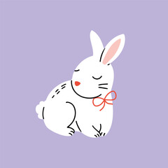 Cute little white rabbit sitting on a purple background. Vector illustration drawn in doodle style