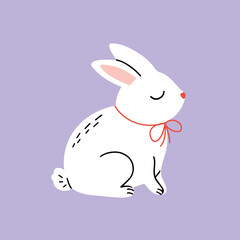 Cute white baby bunny sitting with eyes closed, adorned with a red bow. Vector illustration hand-drawn in a simple doodle style