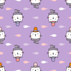 Cute seamless vector pattern featuring cartoon cats with playful expressions and colorful fish on a purple background. Perfect for children's designs, textiles, or digital projects