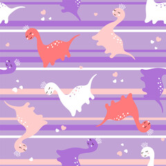Vector seamless pattern with playful pastel dinosaur on a striped background. Smiling dinosaurs wearing crowns are surrounded by hearts, creating a whimsical atmosphere