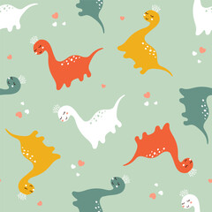 Colorful vector illustration of playful dinosaurs with crowns in a seamless pattern. The whimsical design features smiling dinosaurs and heart elements on a soft green background