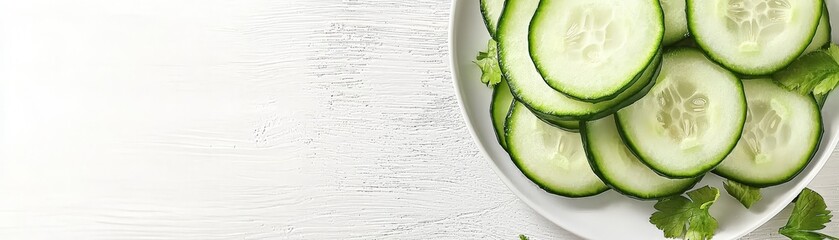 Minimalist Food Styling with Clean Aesthetics and Sharp Focus, Fresh cucumber slices arranged on a plate, garnished with mint leaves.