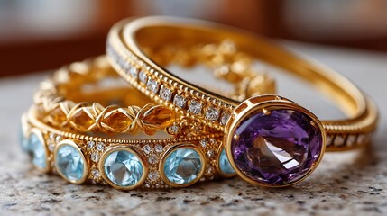 Stacked Gold Rings with Gemstones