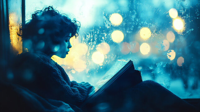 a reader sits curled up in a window seat as twilight descends
