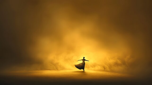 A surreal and captivating image of a graceful dancer dissolving into a shimmering golden mist seemingly transitioning or vanishing into another mystical dimension or world beyond