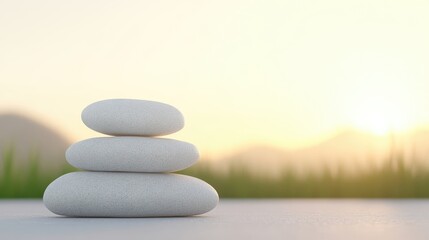 Obraz premium Three smooth white stones balanced on each other, serene sunrise backdrop