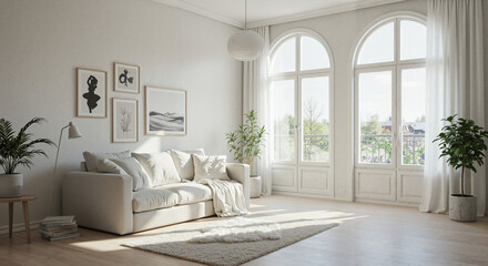 Bright minimalist living room with large windows and plants  
