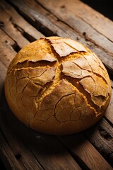 Fresh Baked Bread Loaf on Rustic Wooden Table Top