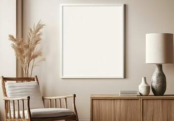 A white framed picture mockup with a wooden chair, lamp and a cabinet with books in a beige room