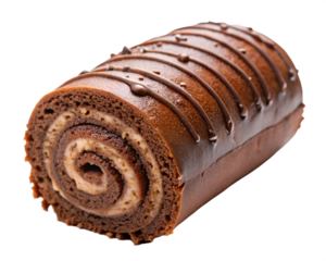 Chocolate Swiss roll cake dessert on white background