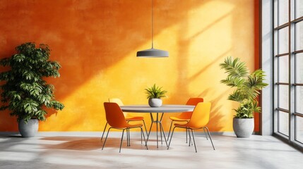 Fototapeta premium Sunny dining room showcases orange chairs and plants in pots
