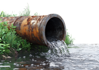 rusty pipe pouring water into river isolated on transparent background