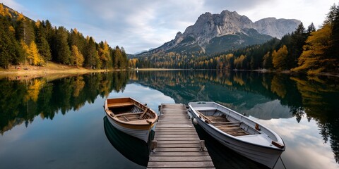 Obraz premium Serene lake with wooden boats and autumnal foliage