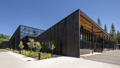 Obraz premium Modern Architectural Design: Sleek Black Exterior Building with Glass Facade and Wooden Accents under a Sunny Sky