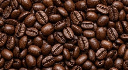 Fototapeta premium Dense arrangement of smooth, dark brown roasted coffee beans, completely covering the image surface