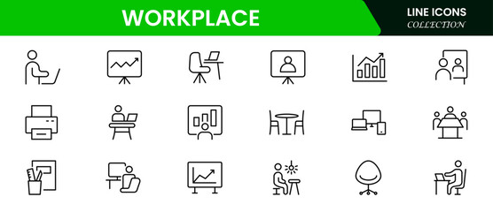 Workplace icon outline set. Containing job, working, employee, project, teamwork, employment, meeting, appointment, and more. Vector line icons collection.