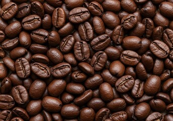 Close-knit collection of roasted coffee beans, displaying their deep brown hue and textured surface