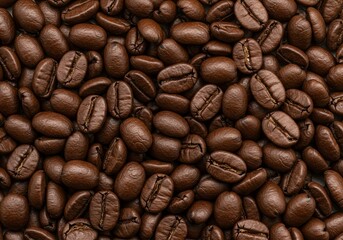 Naklejka premium Overlapping pile of dark brown roasted coffee beans, densely packed and filling the entire visual space