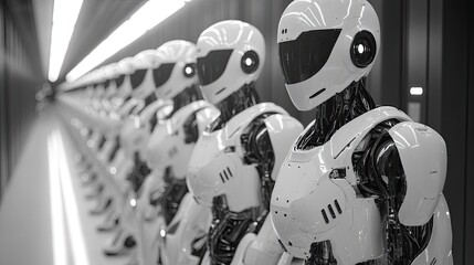 A row of futuristic robots stands in a sleek, industrial corridor.