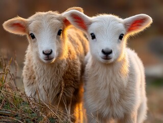 Obraz premium Two adorable baby sheep in golden light