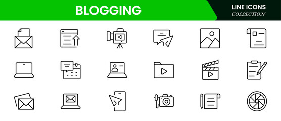 Blogging icon collection. Containing influencer, content, creation, vlogger, social media, digital marketing, and community icons. Vector illustration.