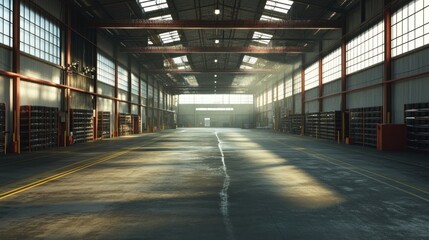 Fototapeta premium Empty Industrial Warehouse Interior Sunlight