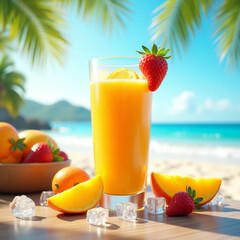 a tempting glass of fresh fruit juice, full of bright colors and dew drops on the walls of the glass. In the midst of the hot summer, made from a mixture of ripe mango, sweet orange, and fresh strawbe