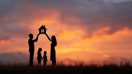Silhouette of family holding a miniature house at sunset.  A heartwarming scene of family and a new home