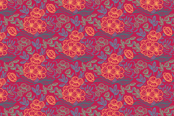 hand drawn single line floral pattern with cotton flower sketches for modern fashion fabric kitchen wear and pillow cover print

