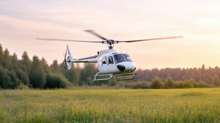 White helicopter over a golden field at sunrise