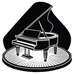 Grand Piano on Stage Black and White Illustration: Musical Instrument, Concert Performance, Classical Music, Artistic Design