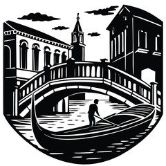 Venice Gondola Ride Black and White Vector Illustration: Italian Canal Scene with Bridge, Architecture, and Traditional Boat Graphic Art