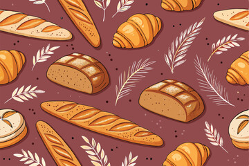 Generate a repeating seamless pattern featuring realistically rendered croissants, bread loaves, and other bakery items.  Include a variety of shapes, sizes, and baked goods.